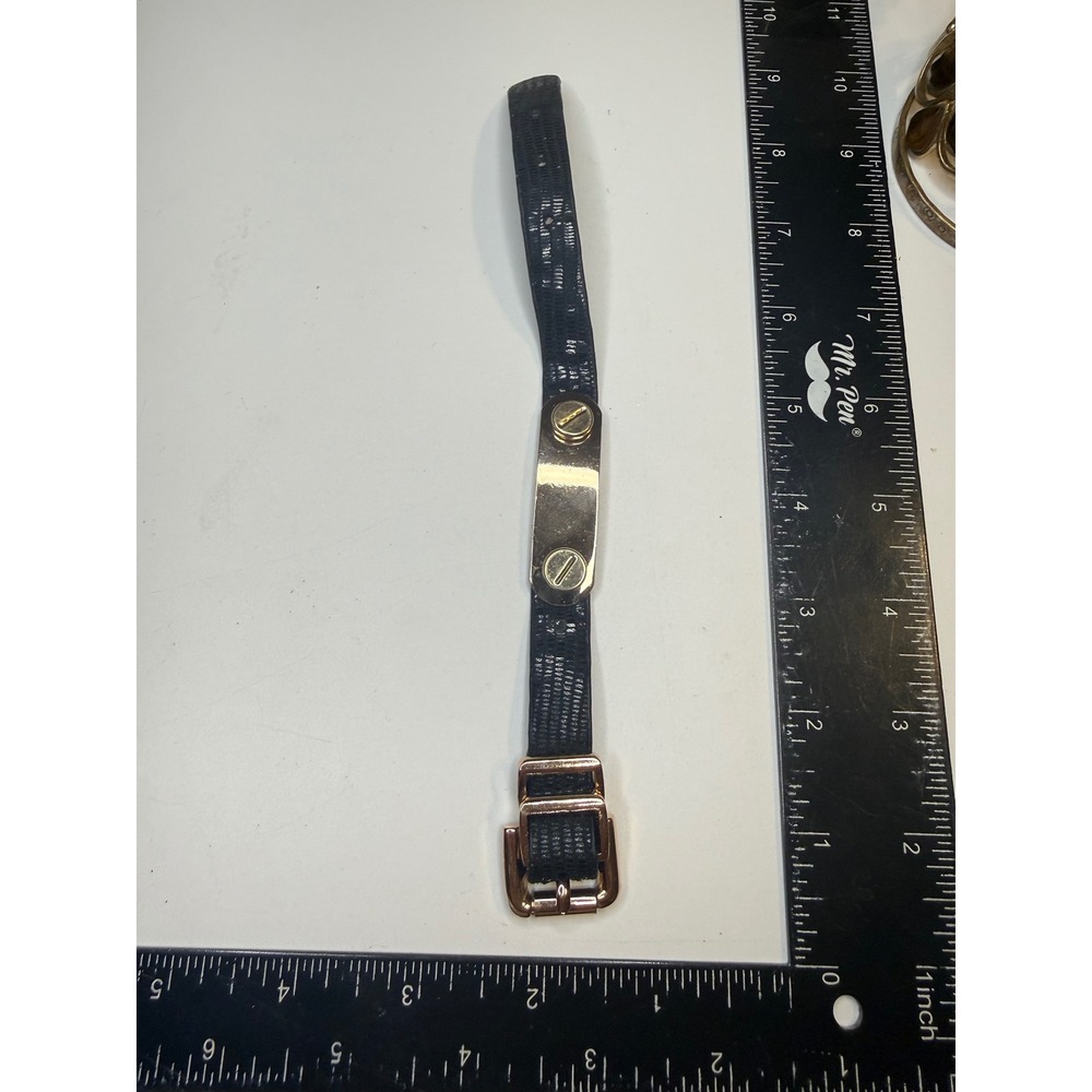 Black Lizard Embossed Leather Wrap Bracelet Gold Tone Hardware ID Plate Buckle